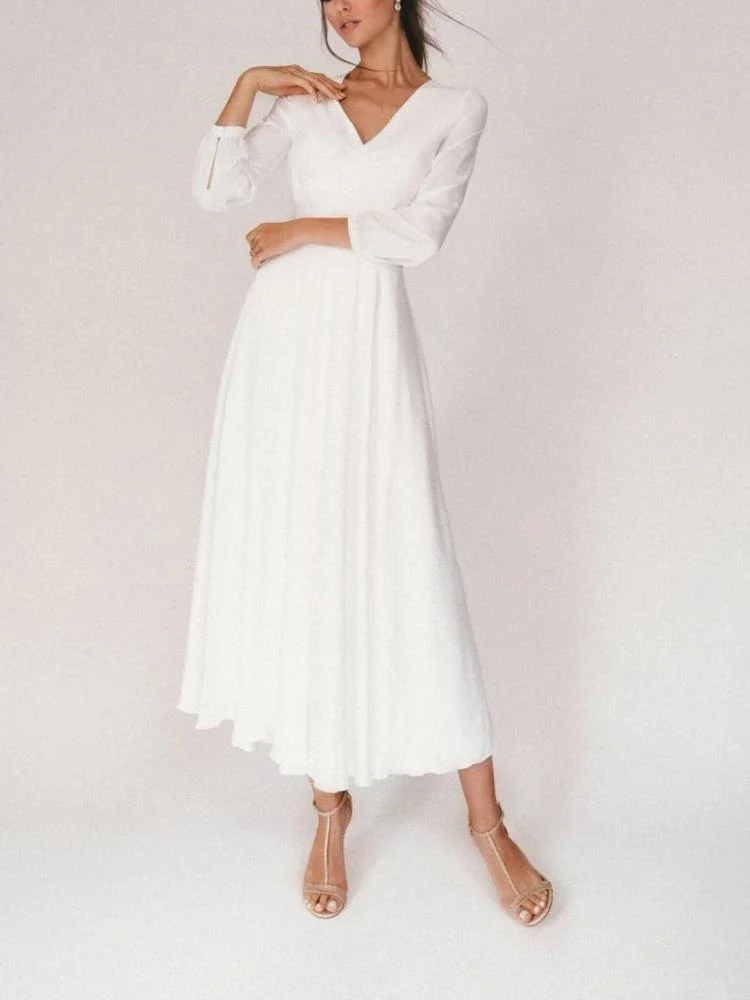Promsstyle Solid white V neck long sleeve pleated dress Prom Dress 2023