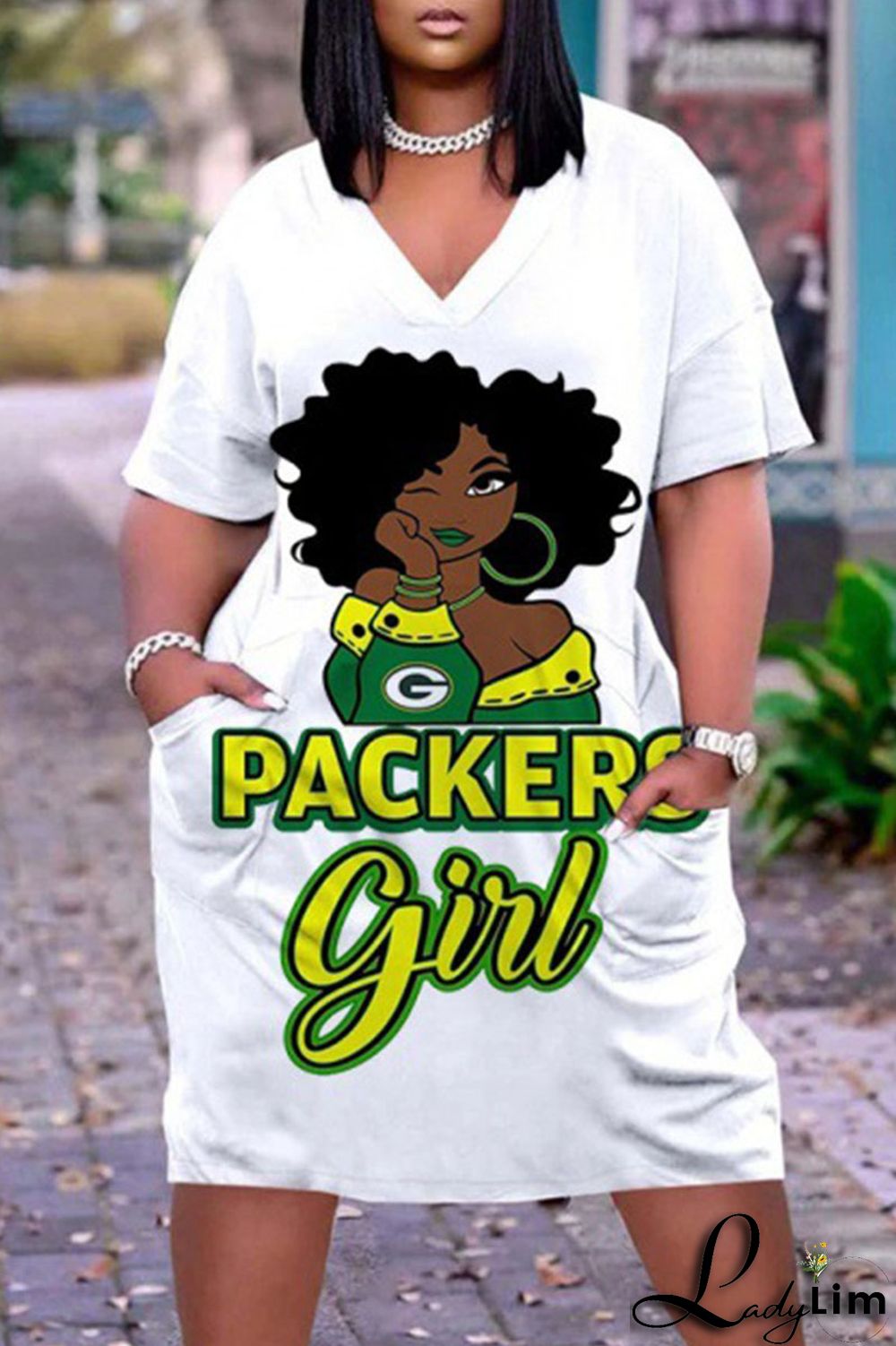 White Casual Print Split Joint Pocket V Neck Straight Dresses