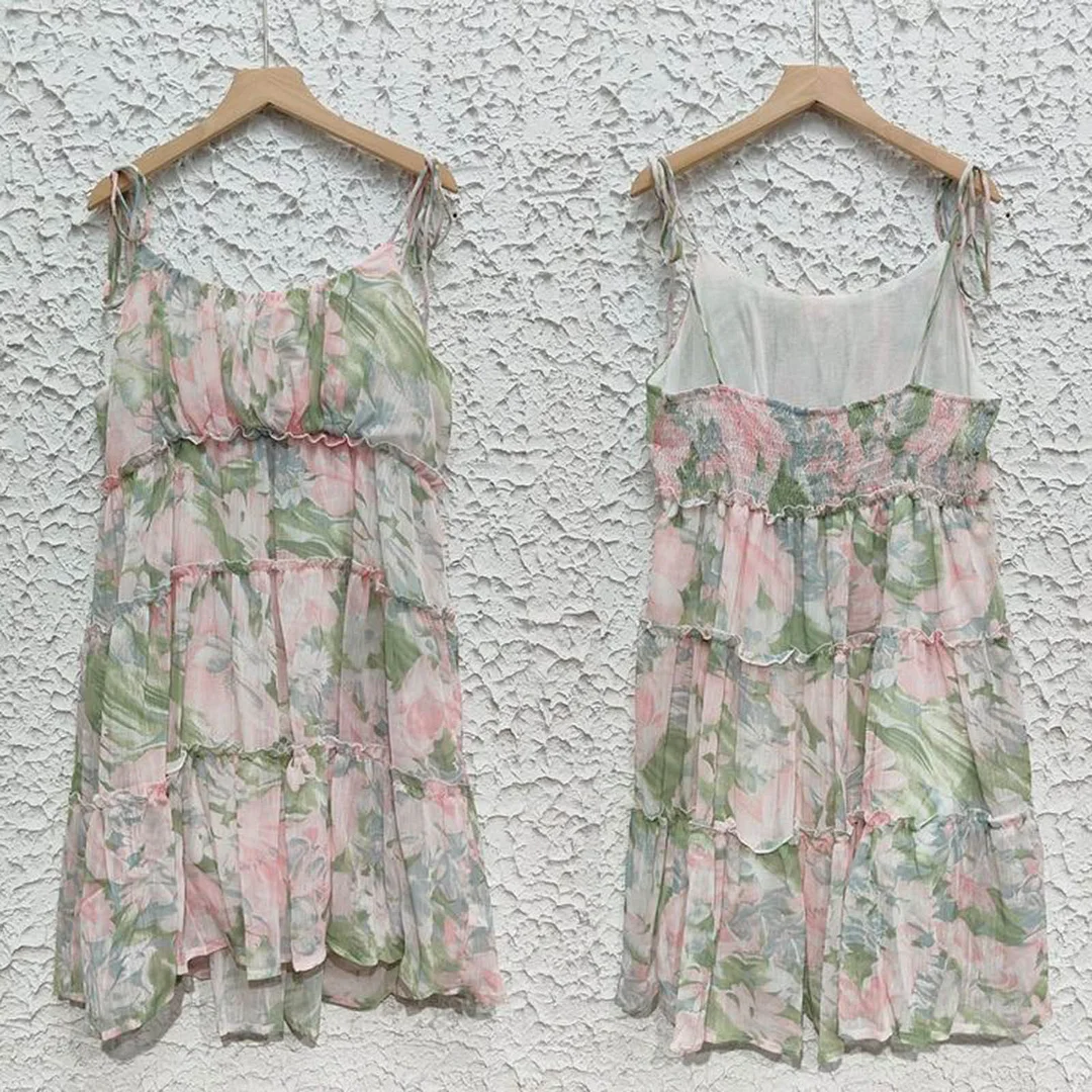 Sexy Chiffon Layer Ruffles Summer Strappy Dress Floral Print Holiday Backless Suspender Mini Dress