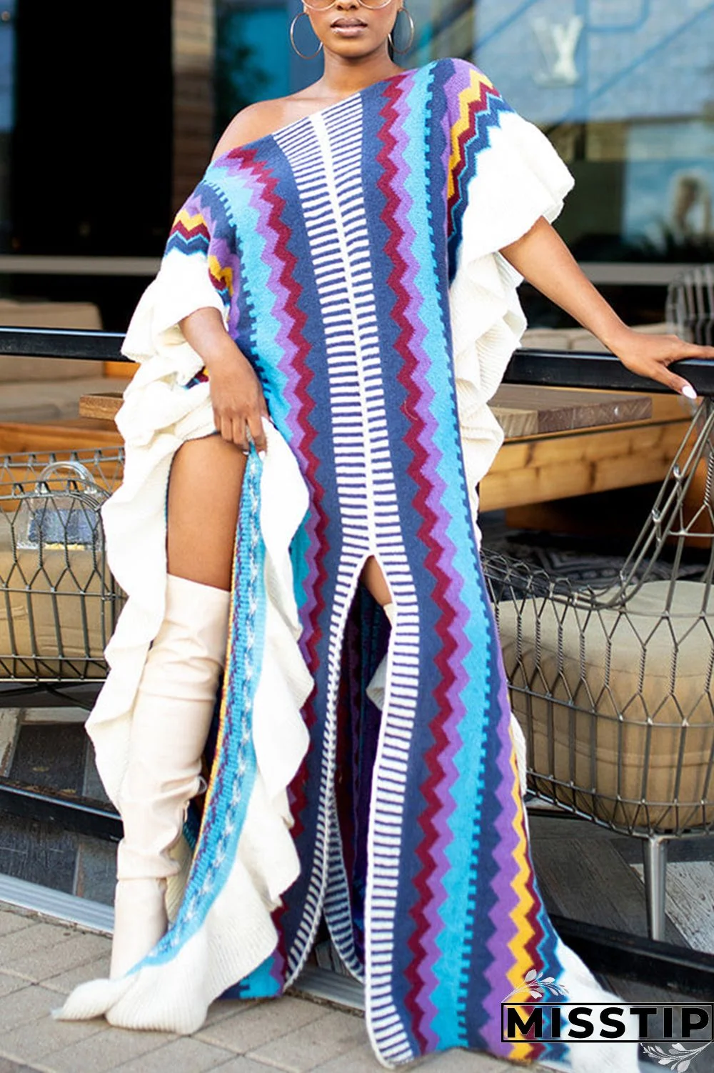 Blue Casual Print Patchwork Flounce Slit O Neck Straight Dresses