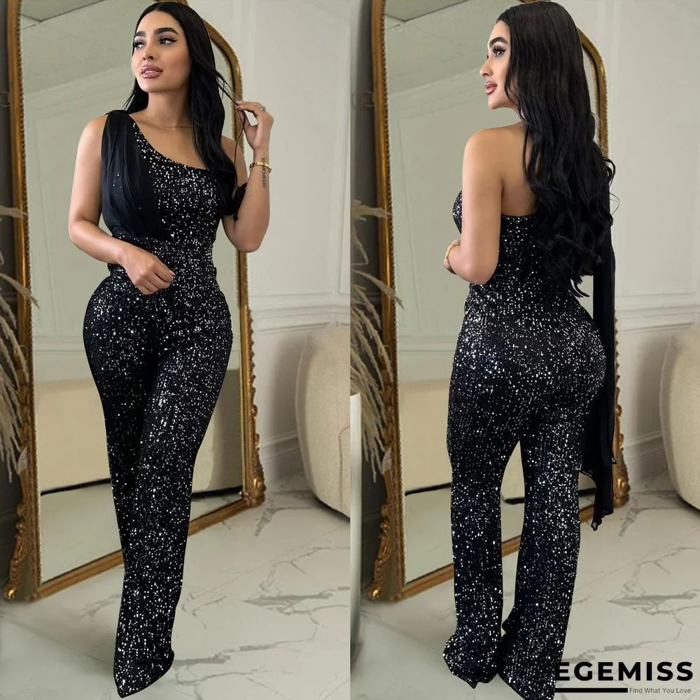 Black Sexy Patchwork Sequins Strapless Boot Cut Jumpsuits | EGEMISS