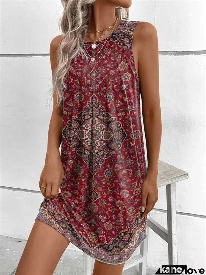 Ethnic Style Sleeveless Printed Knee Length Dress for Women
