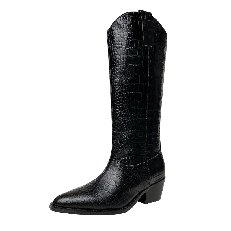 Cowboy Boots Women Handmade Genuine Leather Crocodile Pattern Boots Black/Beige