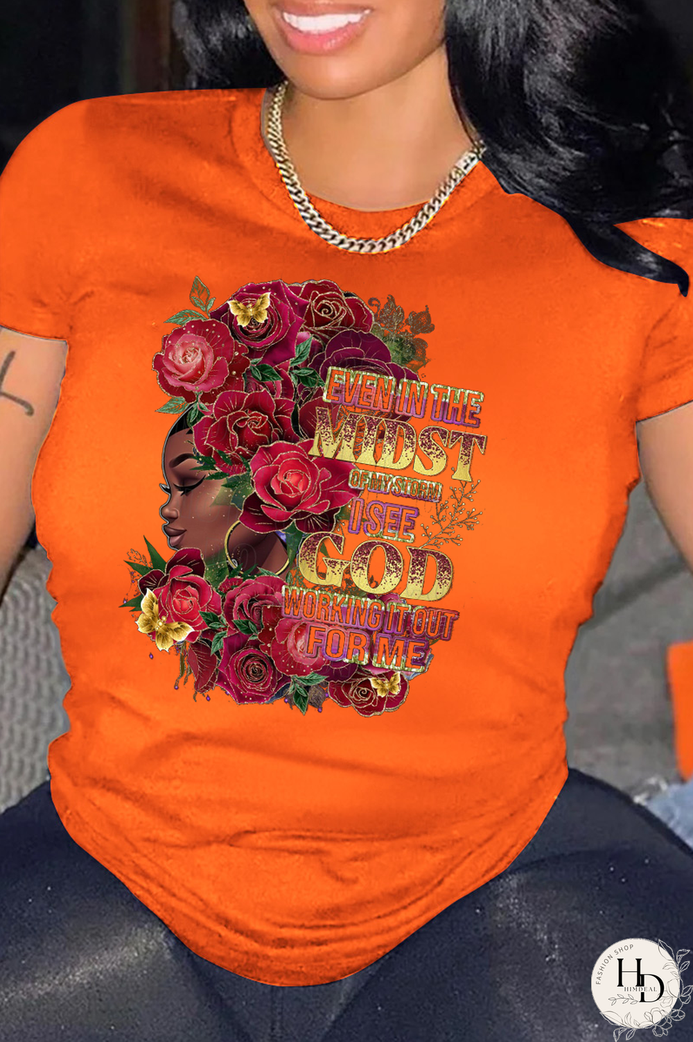 Orange Casual Print Patchwork Letter O Neck T-Shirts