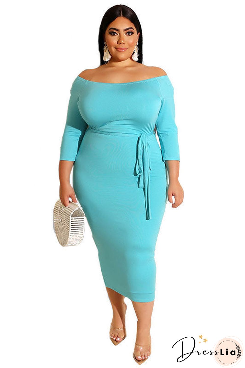 Plus Size Orange Bodycon Mid Length Dress