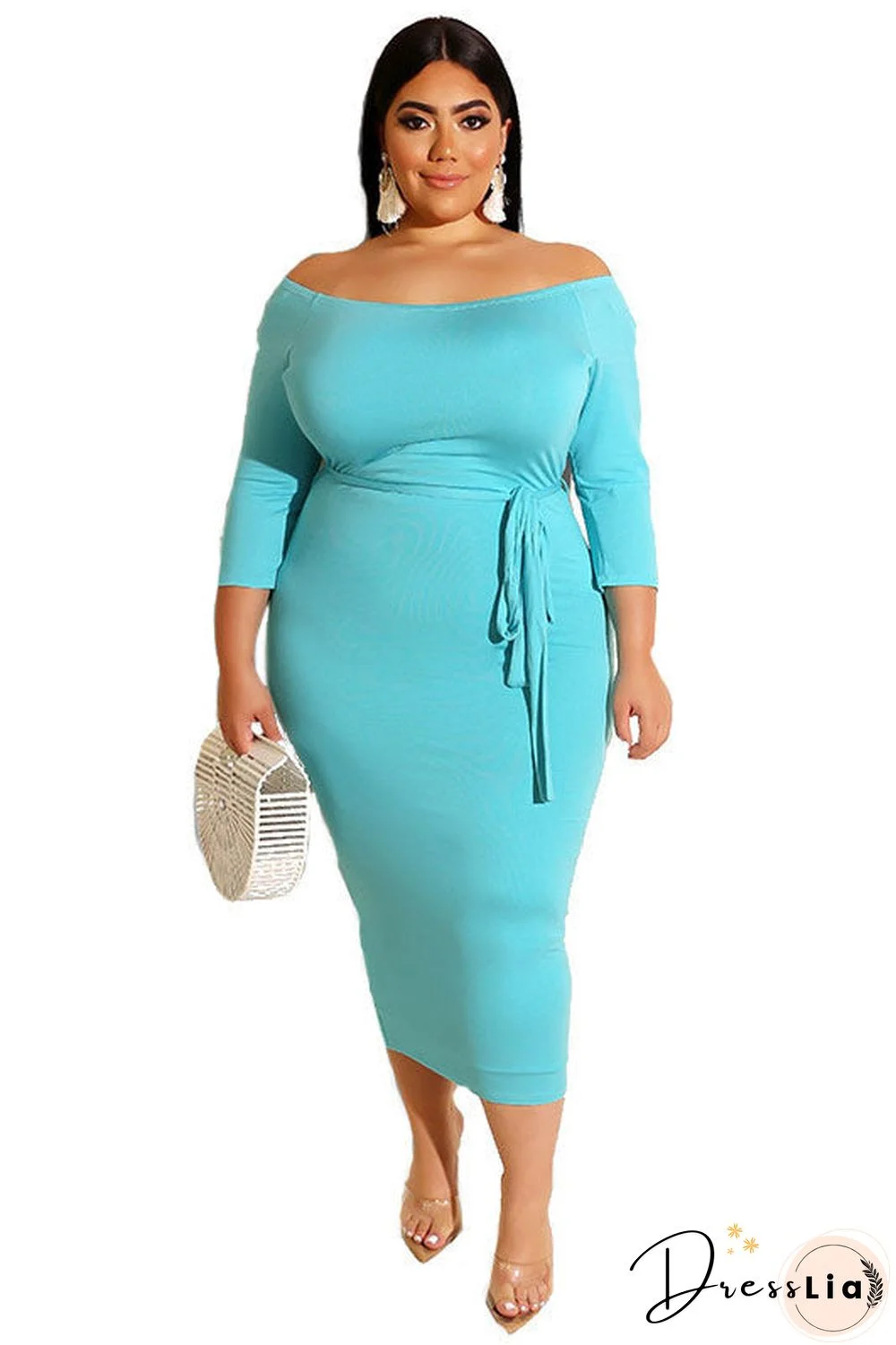 Plus Size Orange Bodycon Mid Length Dress