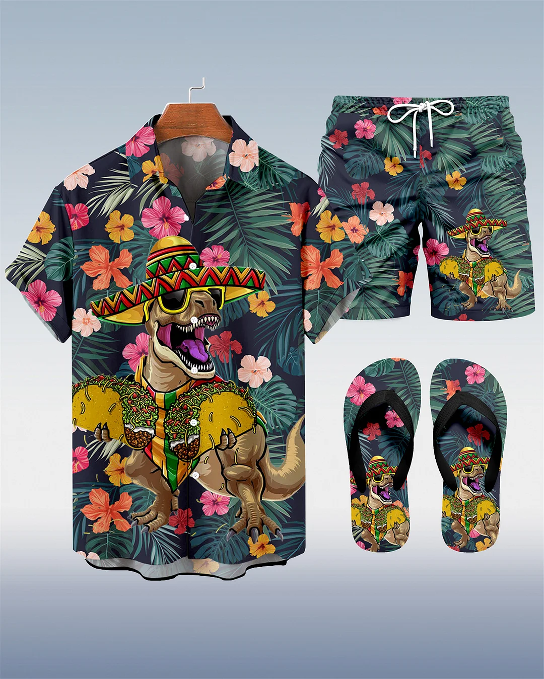 Suitmens Men's Tiki Party Hawaiian Vacation Print Three-Piece Set 029