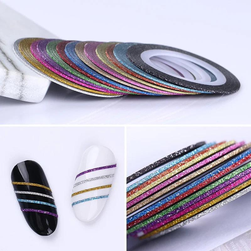 13 Rolls Matte Glitter Nail Striping Tape Set 1mm Multi-color Adhesive Line Stickers Nail Art Decoration