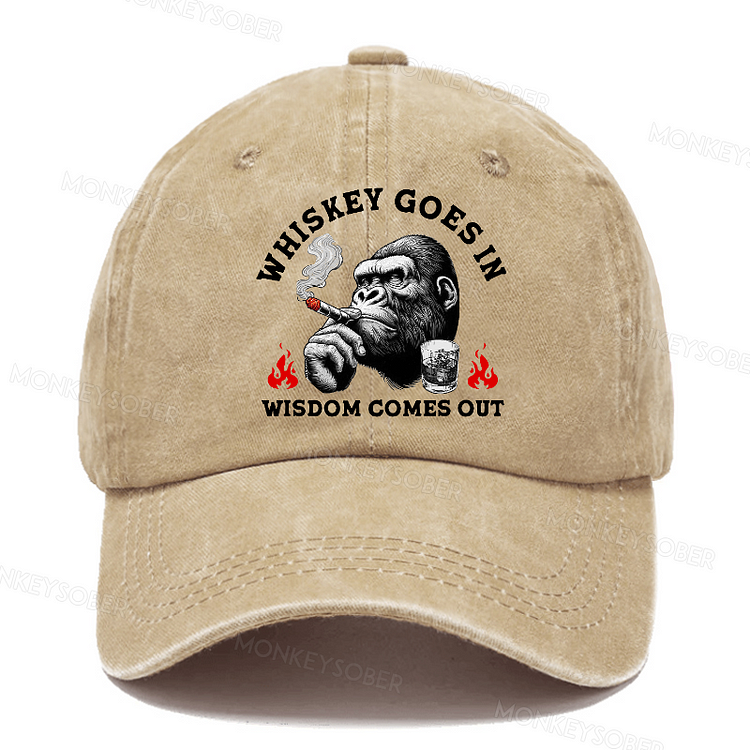 Whiskey Goes In Wisdom Comes Out Funny Monkey Washed Baseball Caps