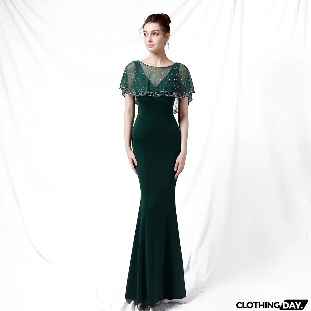 Bride Cape Solid Sleeveless V-Neck Long Mermaid Wedding Evening Dress Two Piece Set