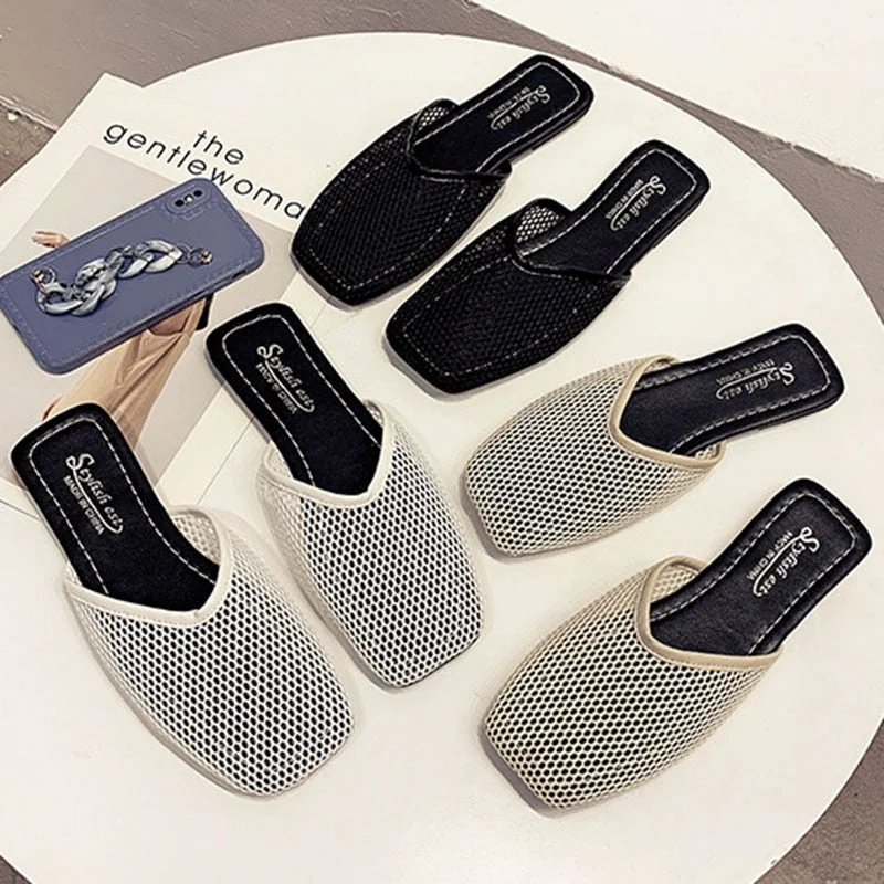 Women's Summer Home Slippers 2022 New Mesh Flat Shoes Square Toe Casual Sandals Wholesale Shoes For Women Zapatos de mujer