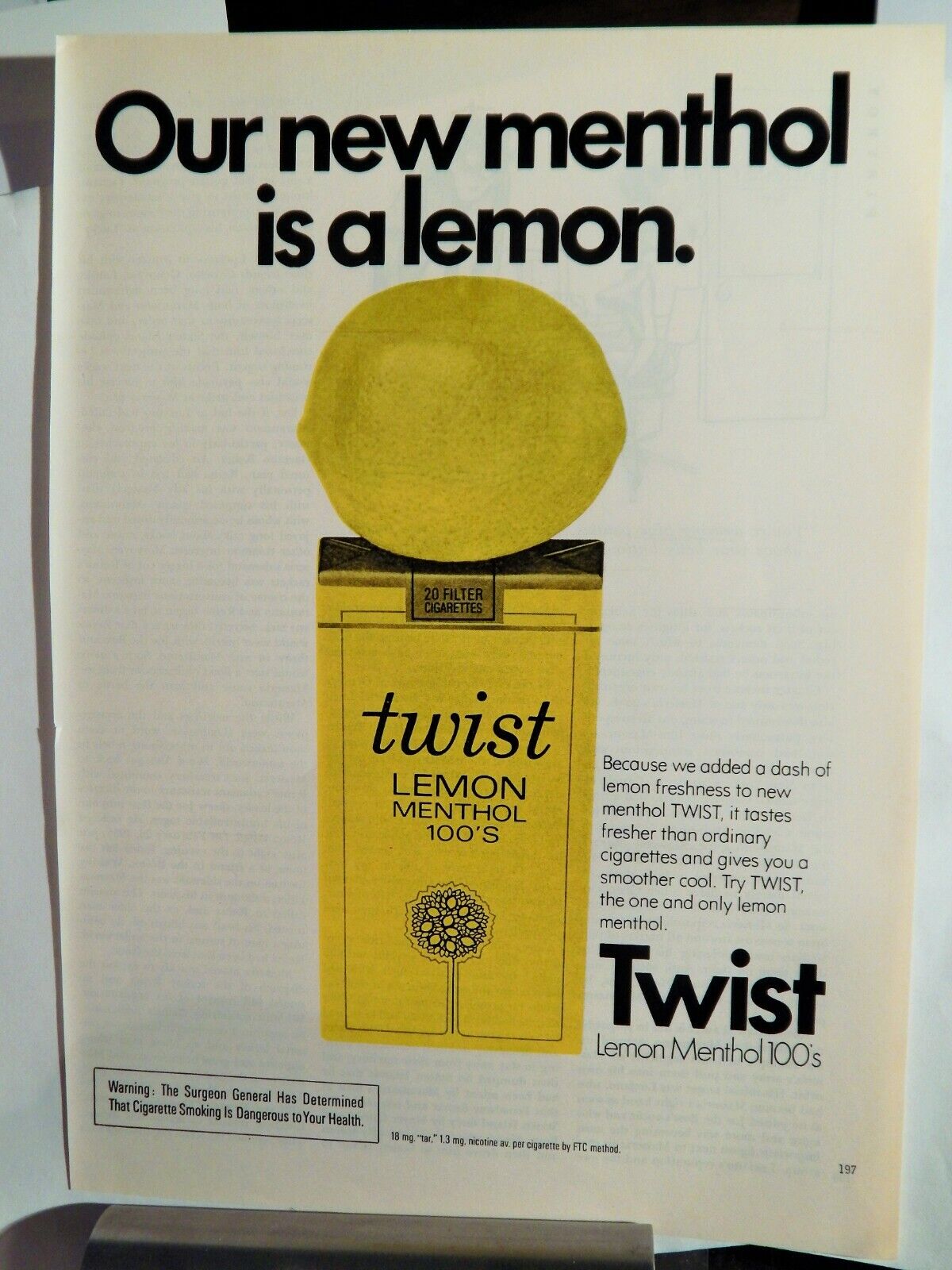 TWIST LEMON MENTHOL CIGARETTES VTG 1973 Photo Poster painting AD,SOUGHT EPHEMERA