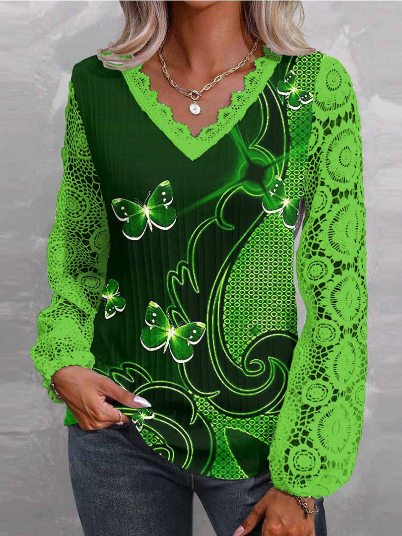 Women Long Sleeve V-neck Butterfly Printed Graphic Lace Tops