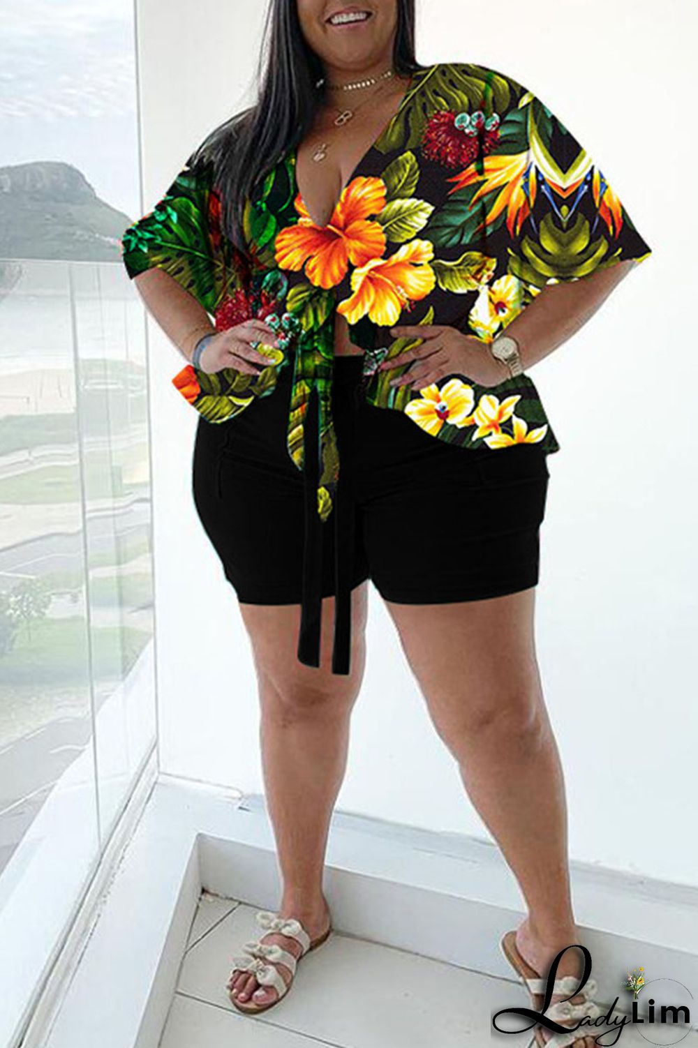 Green Casual Print Bandage Split Joint V Neck Plus Size Two Pieces