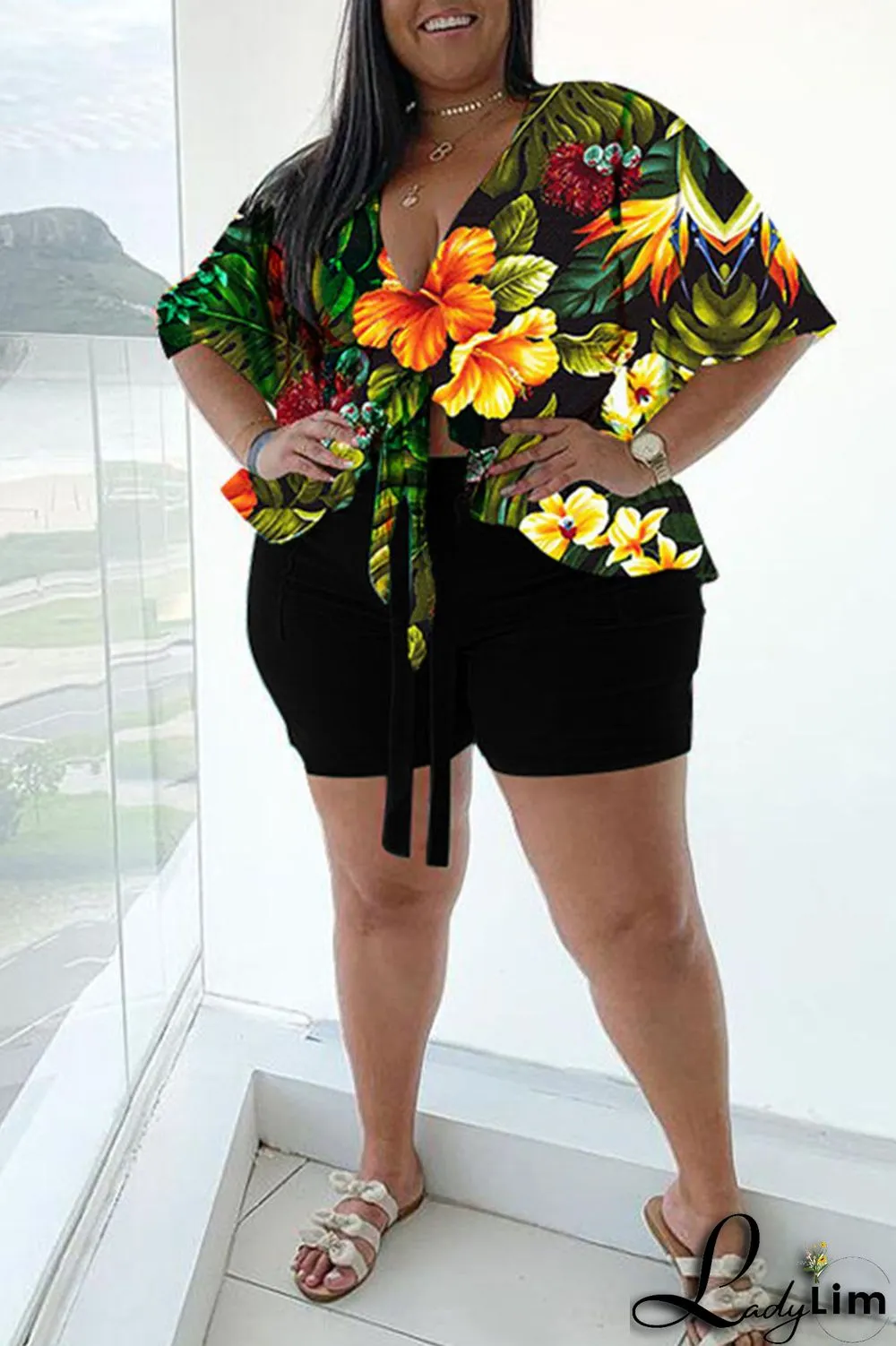 Green Casual Print Bandage Split Joint V Neck Plus Size Two Pieces