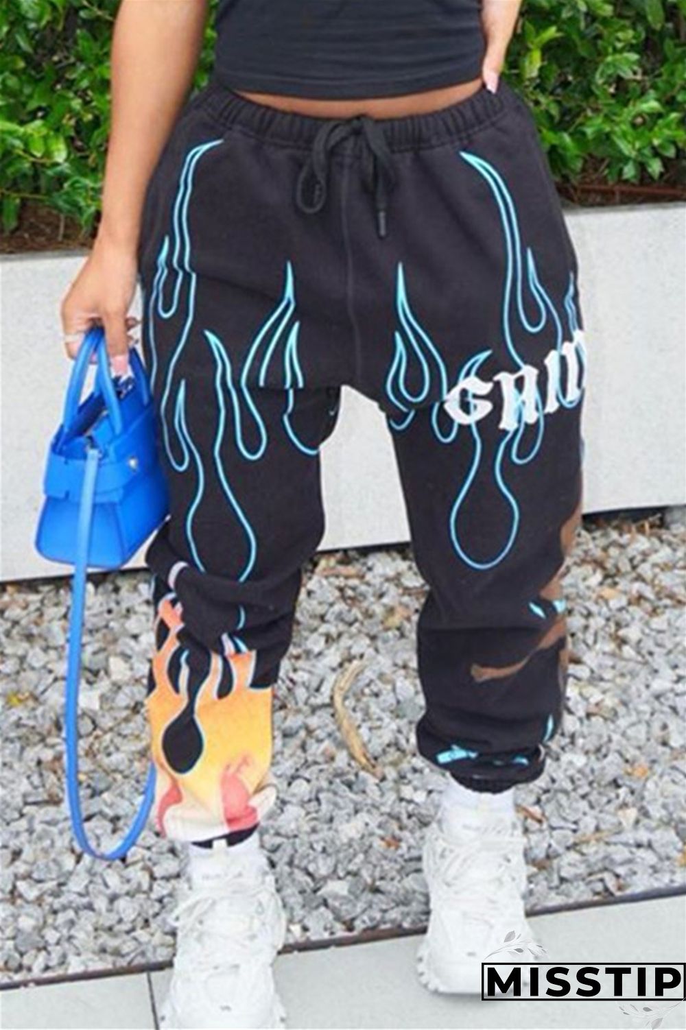 Black Fashion Casual Print Basic Regular High Waist Trousers