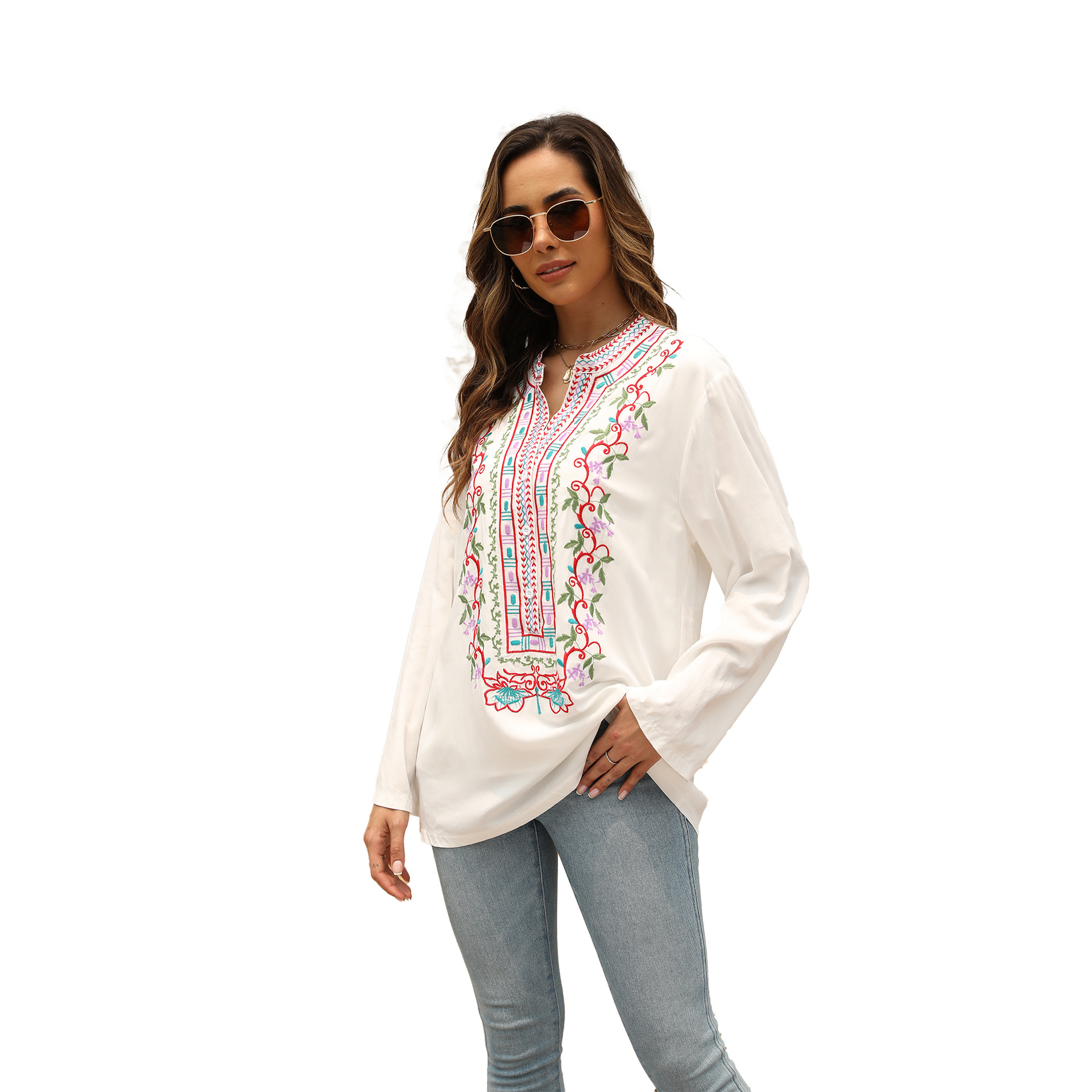 Mature Women's Embroidered Mid-length Stand Collar Shirt Top
