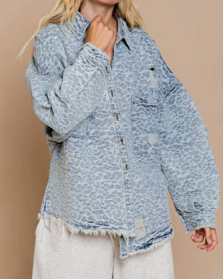 Blue denim fringed print decoration simple personality casual fashion all-match jacket