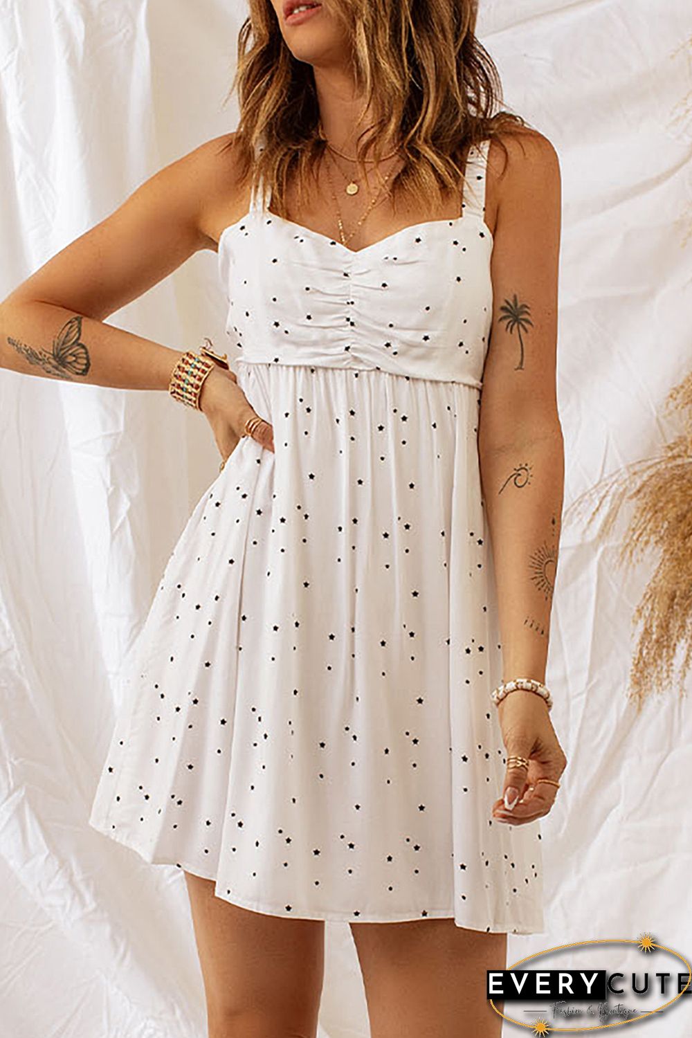 White Ruched Bust Starlet Print Mini Dress