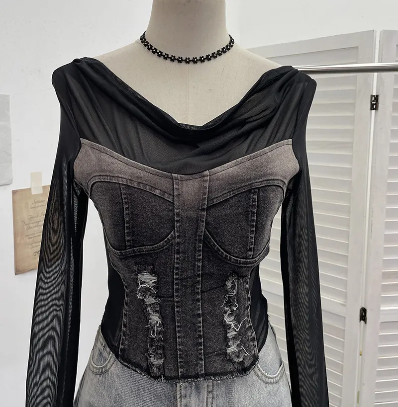 Churchf Sexy Collar Long-Sleeved T-Shirt To Make Old Hole Cowboy Splicing Net Bare Back Short Top 2236