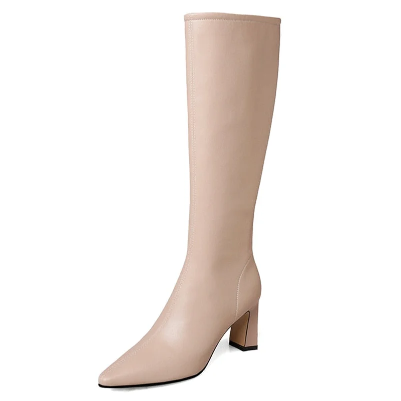 Meotina Women Genuine Leather Boots Thick High Heel Zipper Ladies Shoes Pointed Toe Knee High Boots Autumn Winter Apricot Black