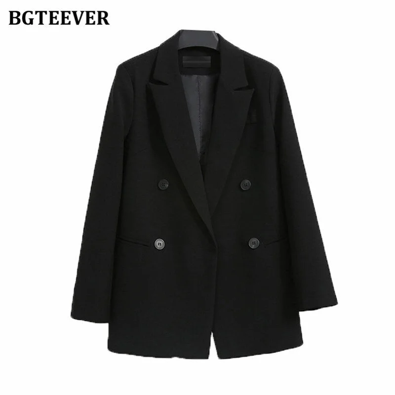 BGTEEVER Autumn New Fashion Notched Collar Women Blazer Elegant Long Sleeve Loose Double Breasted Female Suits Jackets 2021