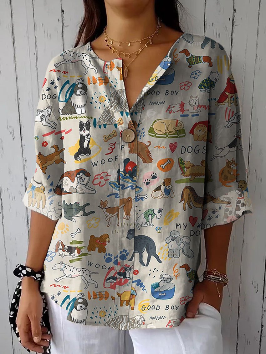 Women's Cute Dog Print Casual Cotton Linen Shirt