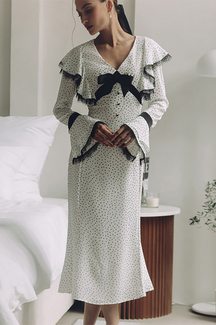 Polka Dot Print V Neck Lace Trim Flared Sleeve A-Line Midi Dresses-White