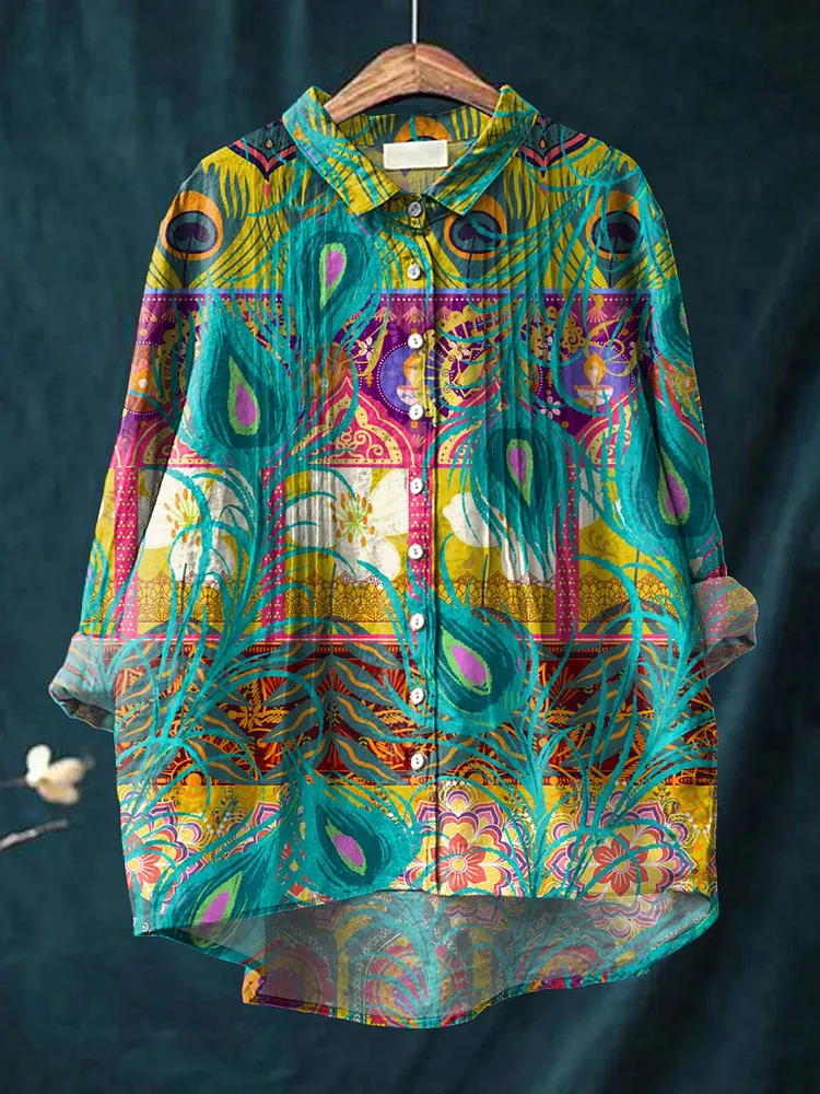 Women's Vintage Floral Feather Pattern Art Print Casual Cotton And Linen Ruffle Shirt