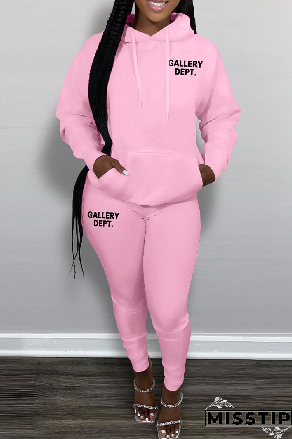 Black Casual Letter Print Patchwork Hooded Collar Long Sleeve Two Pieces