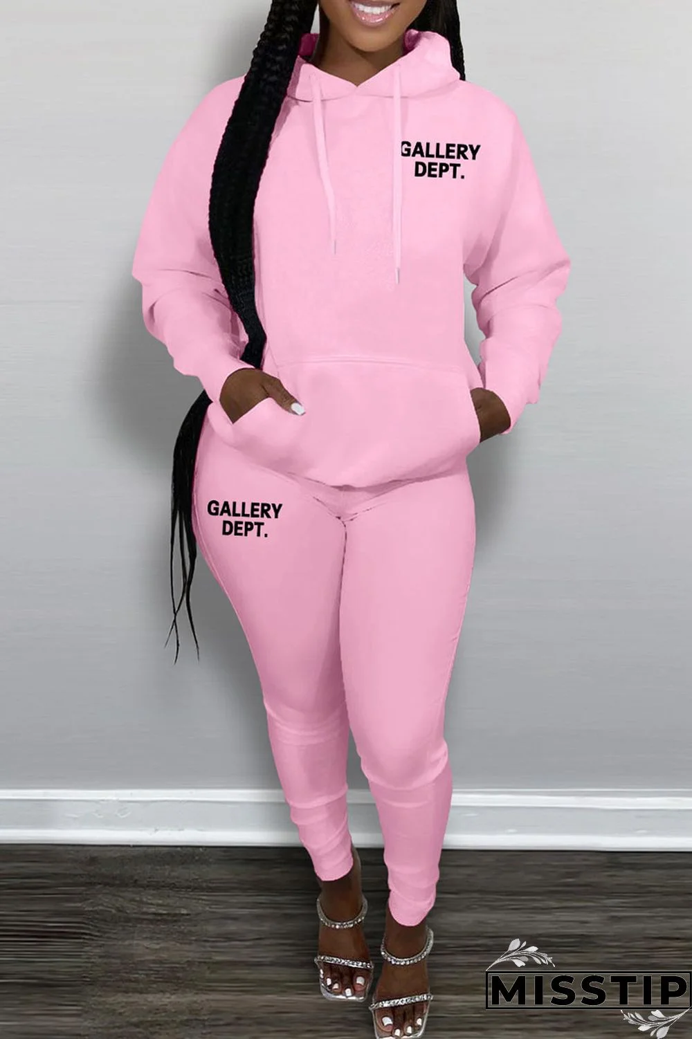 Black Casual Letter Print Patchwork Hooded Collar Long Sleeve Two Pieces