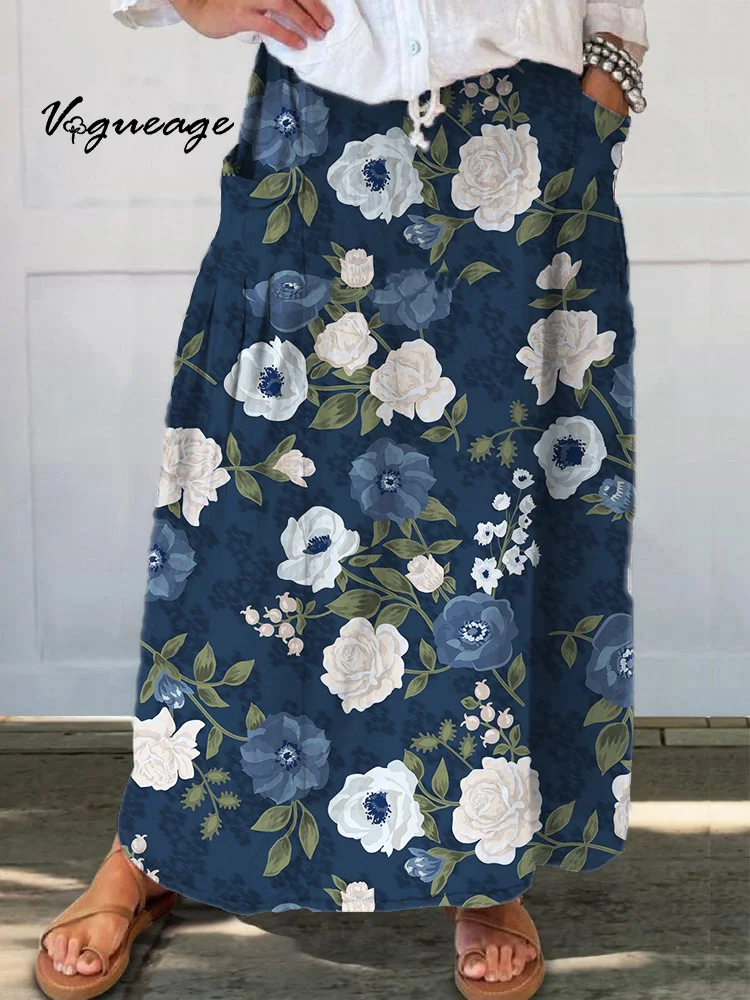 Elegant Gentle And Comfortable Flowers Printed Women's Casual Cotton And Linen Skirt