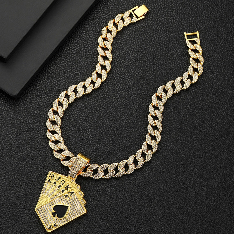 Hip-Hop Poker Alloy Inlay Rhinestones Unisex Pendant Necklace Men Pendant Necklaces