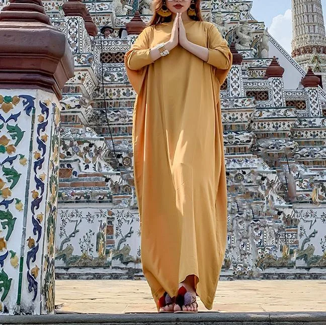 Women yellow cotton clothes Slash neck half sleeve summer Dress