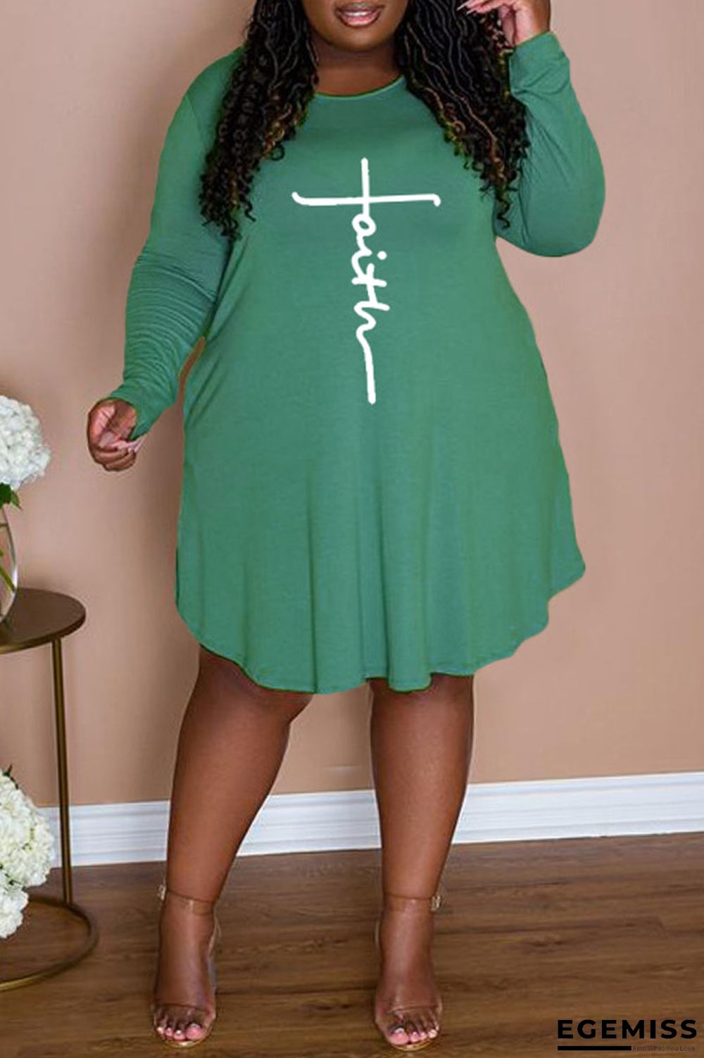 Green Casual Print Patchwork O Neck A Line Plus Size Dresses | EGEMISS