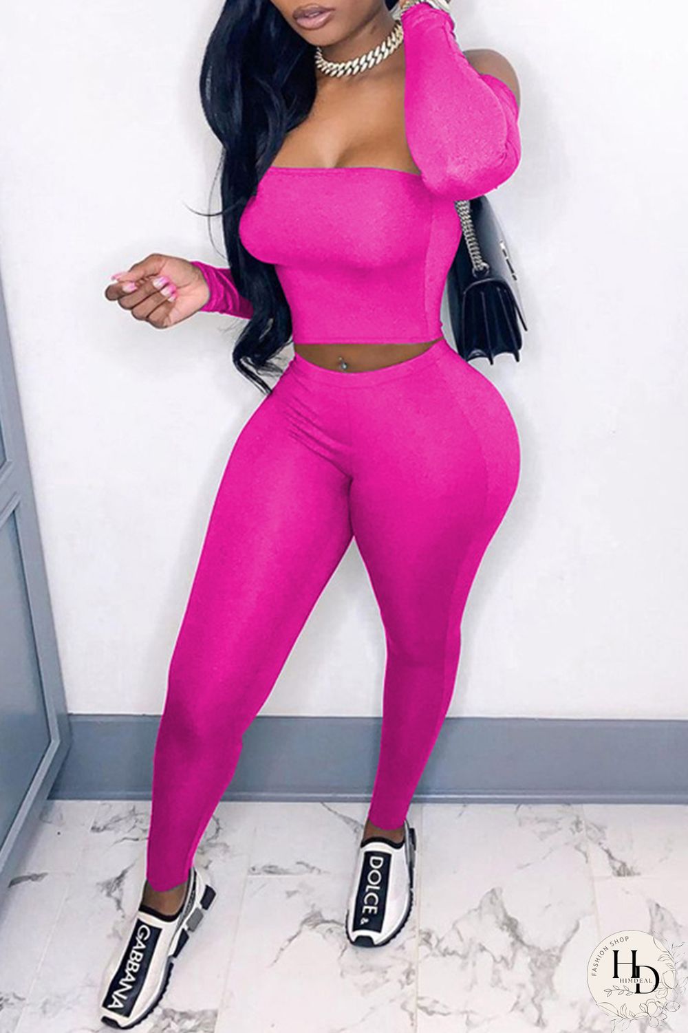 Rose Red Sexy Casual Solid Backless Off the Shoulder Long Sleeve Two Pieces