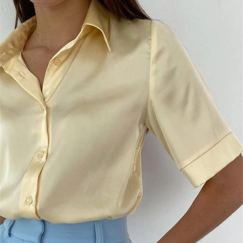 Back to school  Women 2022 Elegant Satin Solid Long Sleeve Blouses Female Chic Vintage Blue Green Casual Loose Buttons Shirts Oversize Top Tunic