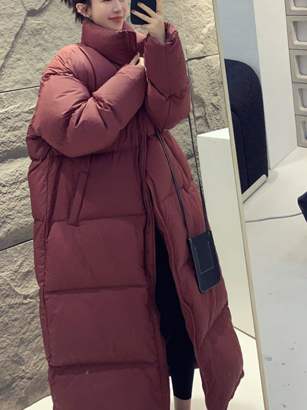 Women Long Sleeve Solid Zipper Loose Down Jacket Coats
