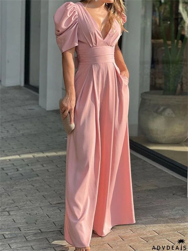 Women's Elegant Deep V-neck Puff Short Sleeve Straight Leg Jumpsuit