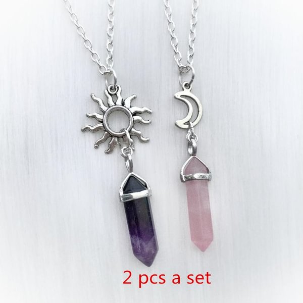 2 Crystal Best Friends Necklace, Sun and Moon Crystal point necklace