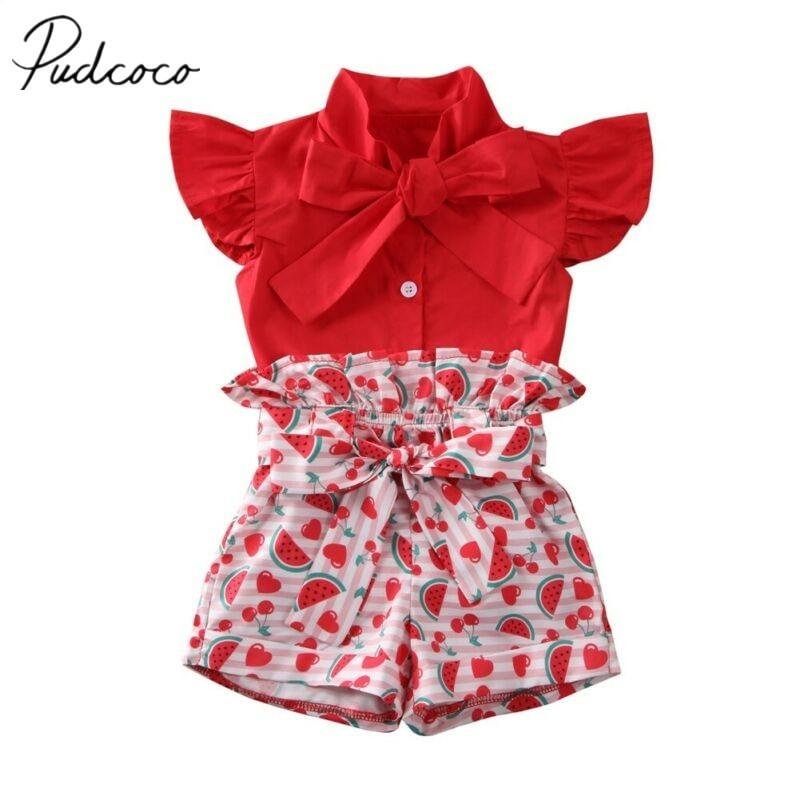 2020 Baby Summer Clothing 1-6T Toddler Kid Baby Girl Solid Red Shirt Top Watermelon Short Pants Outfit Clothes 2Pcs Set Sunsuit