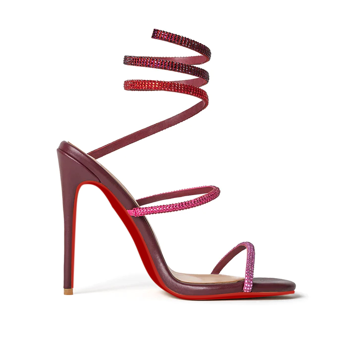 120mm Women's Spiral Strappy Red Bottom Sandals Rhinestone Heels Pull-on Sexy Stilettos-vocosishoes