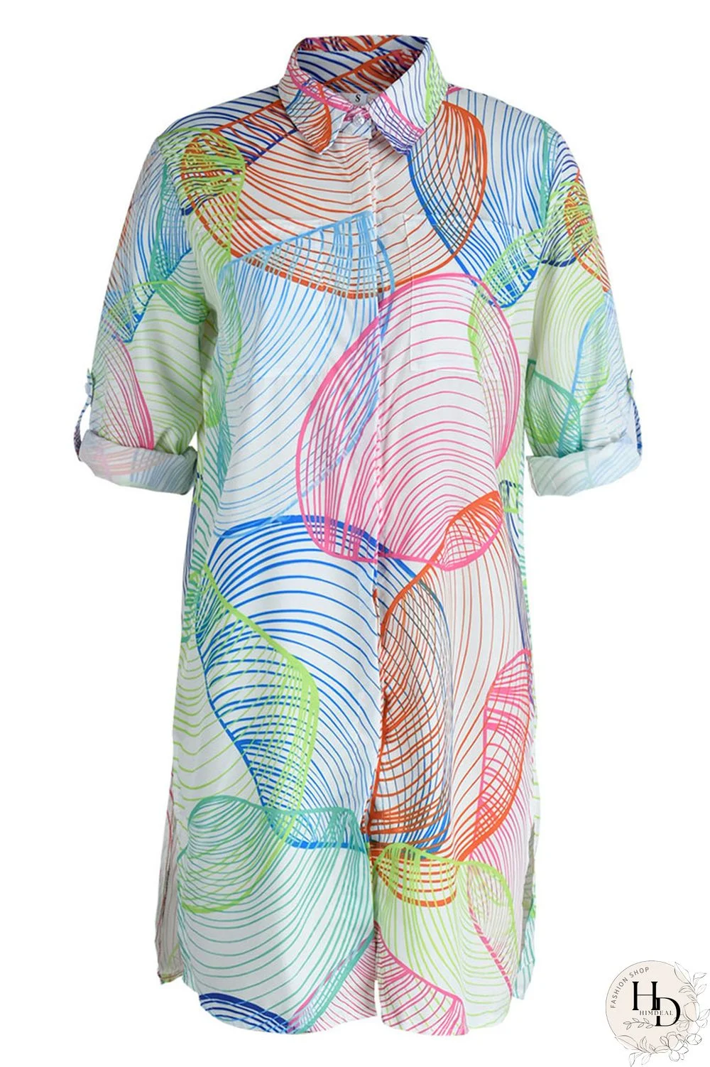 Sky Blue Casual Print Patchwork Buckle Turndown Collar Tops