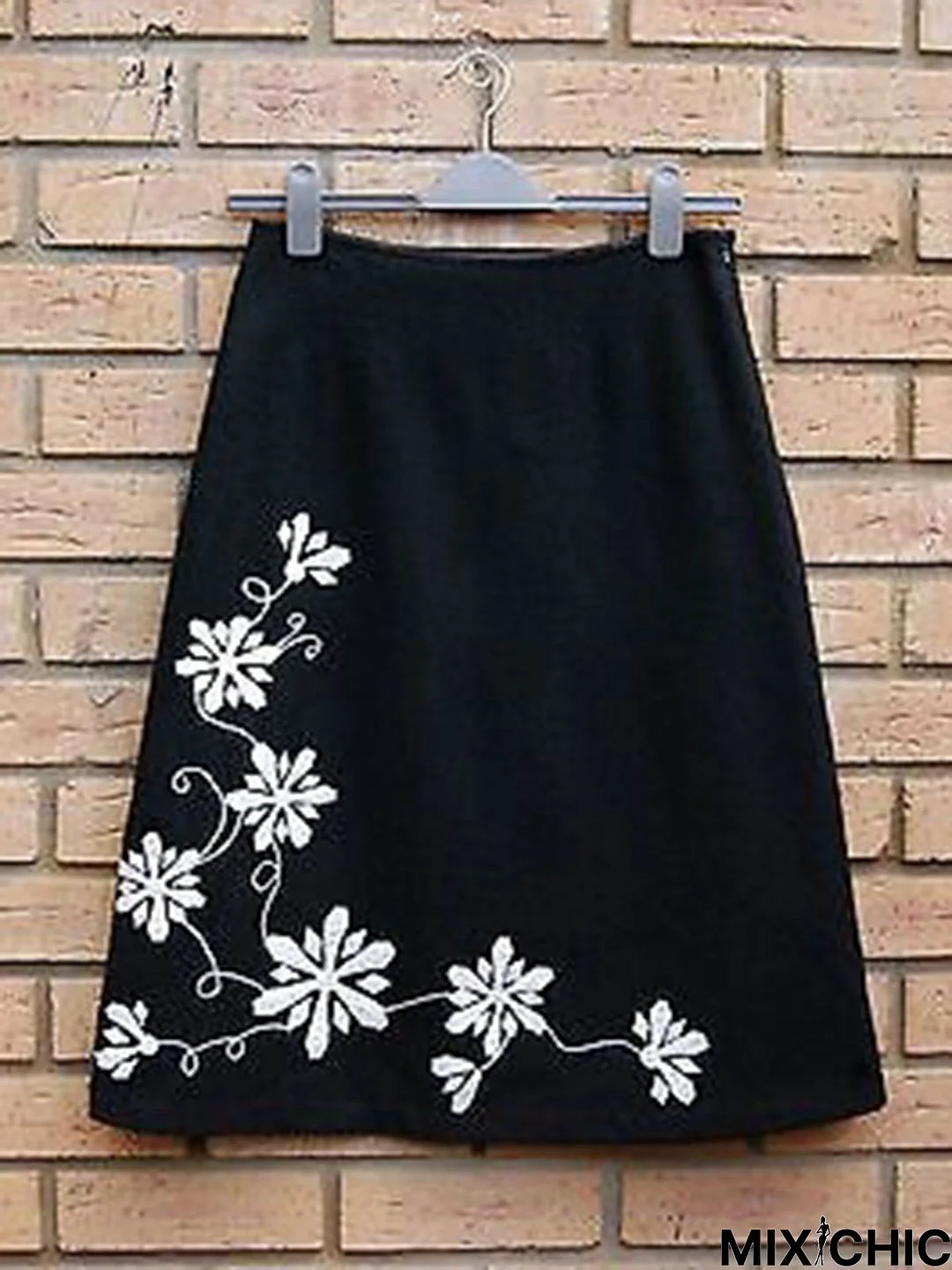 Black Floral Printed Casual Vintage A-line Skirt