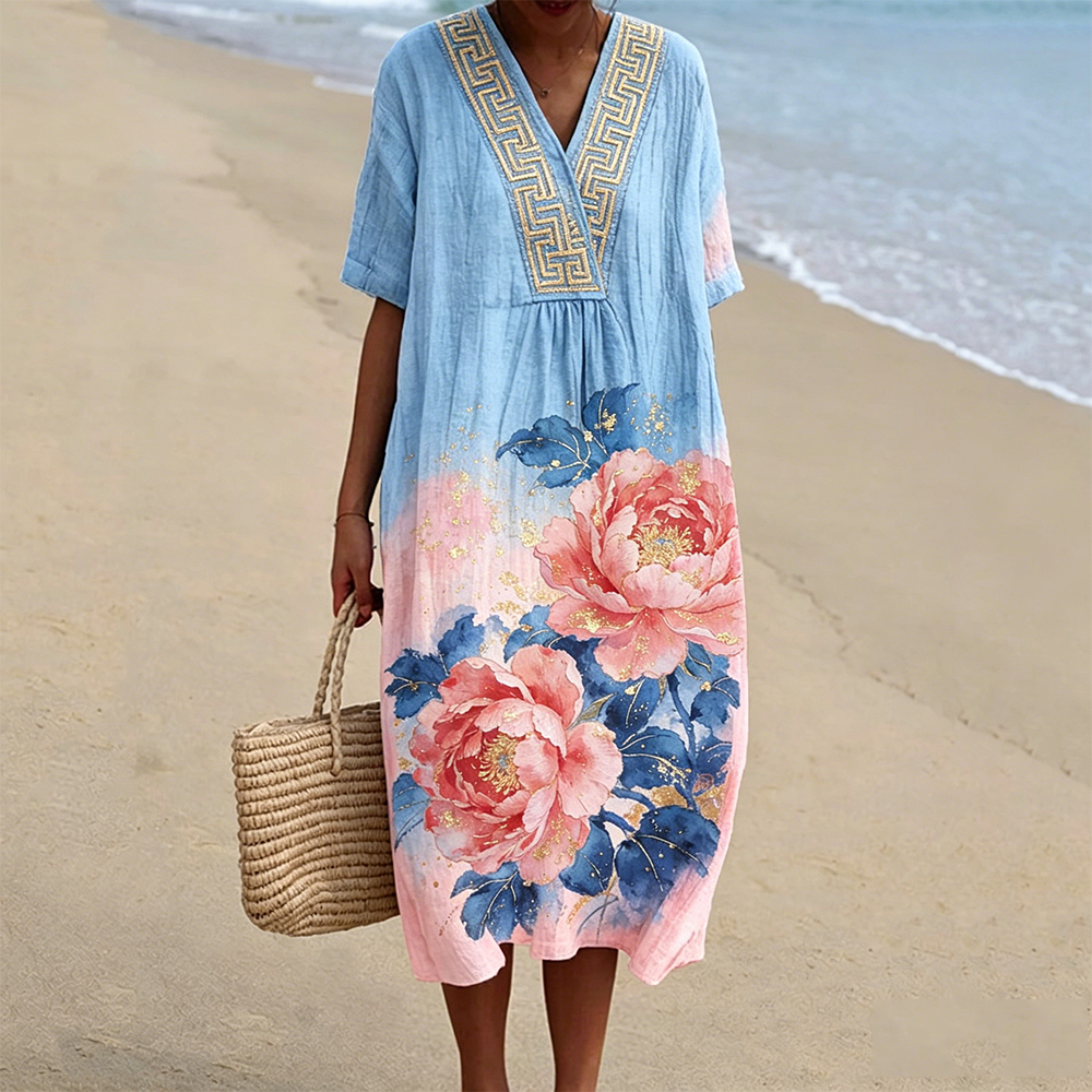 Elegant Floral Art Pattern V Neck Flowy Linen Maxi Dress wearshes