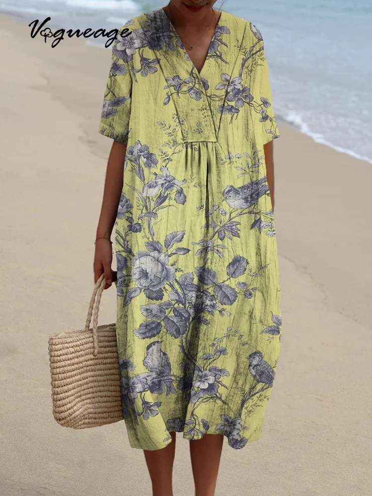 Elegant And Charming Flowers And Birds Printed Women's Casual Cotton And Linen Dress