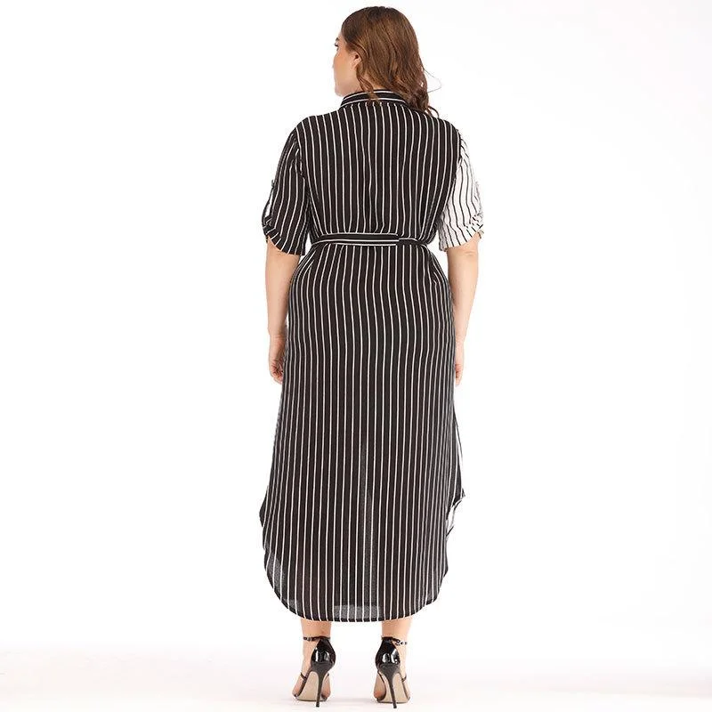 Short-sleeved lapel black and white striped button irregular dress