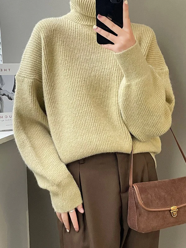 Vintage Loose Knitting Solid Color High-Neck Sweater