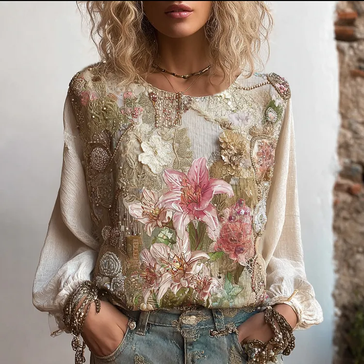 Boh&egrave;me Lily Plant Printed Cotton Linen Round Neck Long Sleeve Top