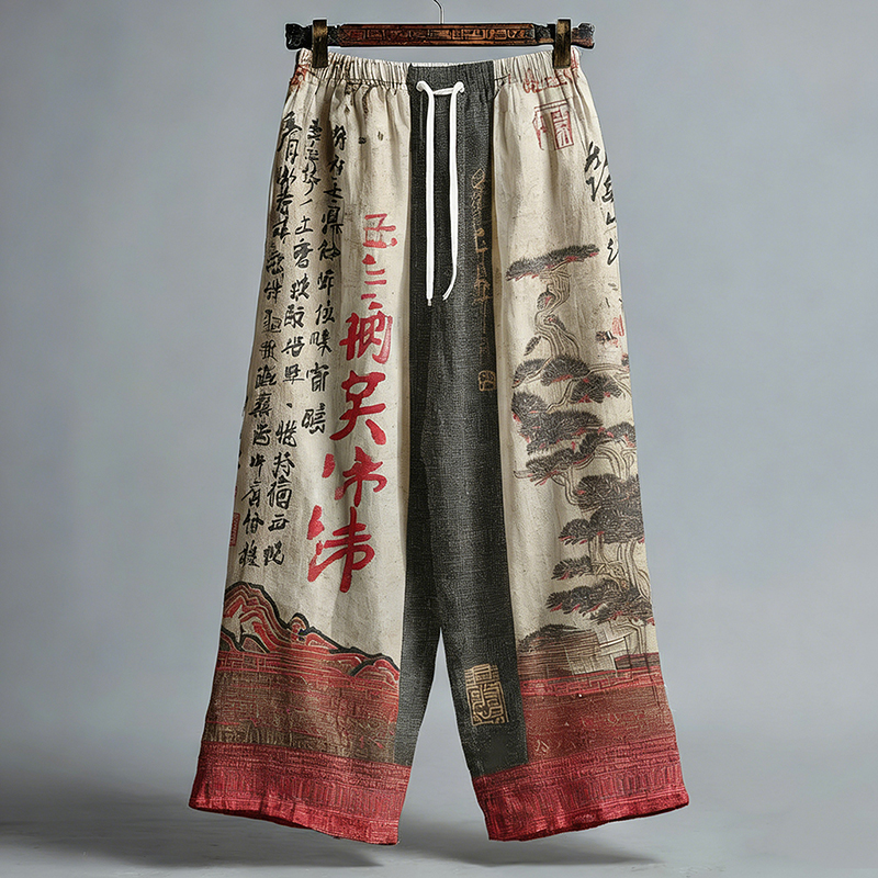 Japanese Pine And Calligraphy Pattern Linen Blend Trousers Pants  artssus